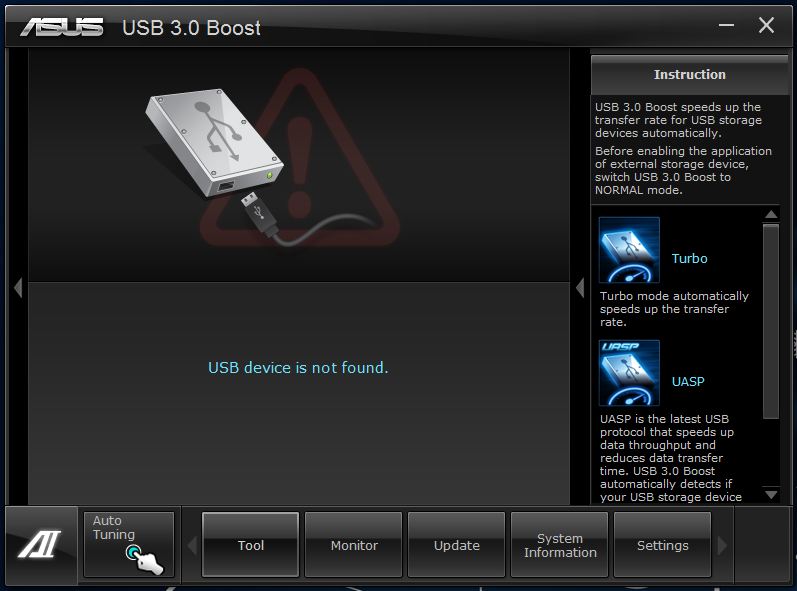 Here we see the USB 3.0 boost screen in the AI Suite II utility, which is where USB devices will show up. This is also where all adjustment happens.