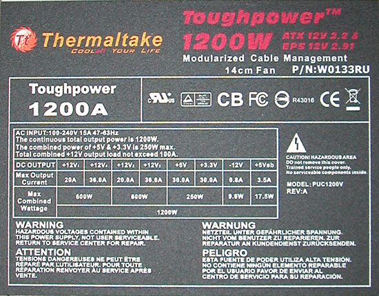 Thermaltake Toughpower W0133RU 1200W PSU Top Sticker