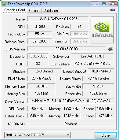 LeadTek WnFast GTX285 GPU-Z